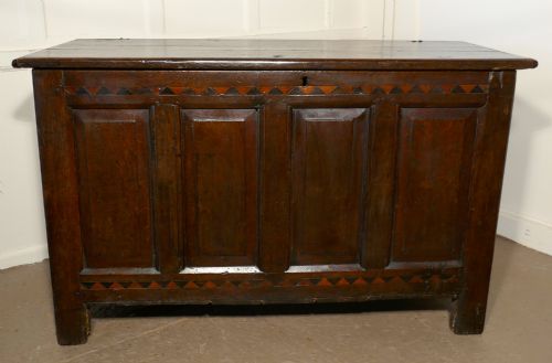 A Large 17th Century Inlaid Panelled Oak Coffer