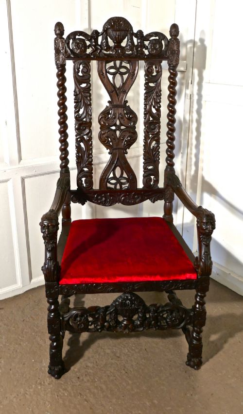 French 19th Century Carved Walnut Throne or Hall Chair
