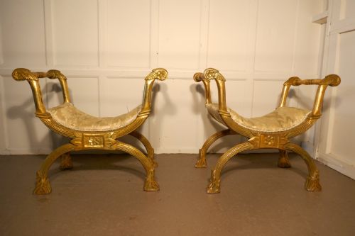 Pair of 19th Century Empire Style Gilt X Frame Stools