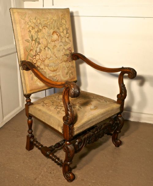 French Carved Walnut and Tapestry Library Chair