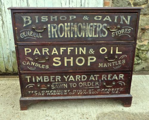 Painted Pine Chest of Drawers, Advertising Bishop and Cain Ironmongers, Chestnut