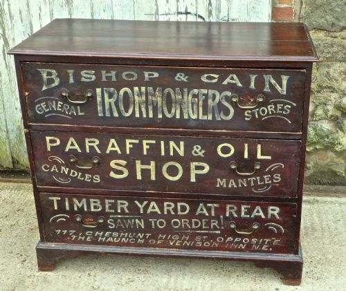 fig 3. Painted Pine Chest of Drawers, Advertising Bishop and Cain Ironmongers, Chestnut