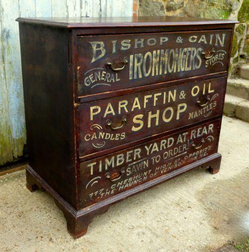 fig 5. Painted Pine Chest of Drawers, Advertising Bishop and Cain Ironmongers, Chestnut