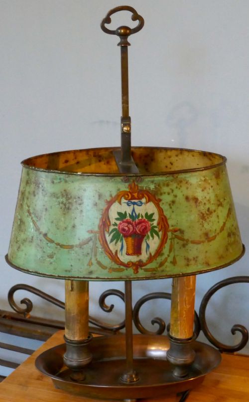 French Painted Toleware and Brass Twin Table Lamp