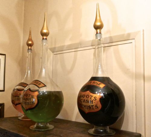 fig 1. Trio of Very Large Antique Apothecary or Old Chemist Jars Shop Display  