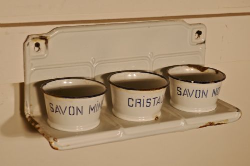 fig 2. French Enamel, 3 Canister Soap Dish Laundry Set