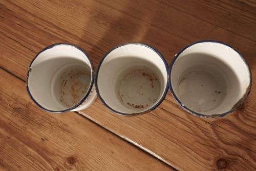 fig 3. French Enamel, 3 Canister Soap Dish Laundry Set