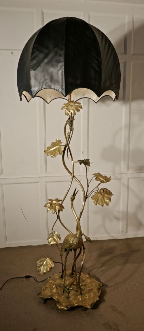 Very Rare French Art Nouveau Brass Floor Lamp with Heron and Water Lilies