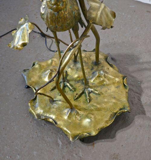 fig 1. Very Rare French Art Nouveau Brass Floor Lamp with Heron and Water Lilies