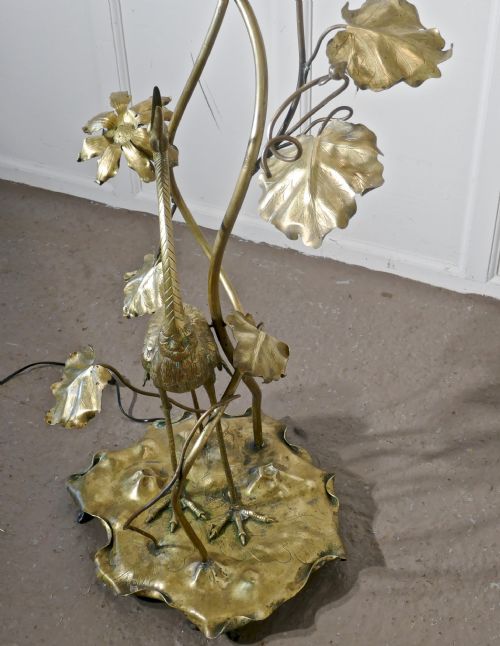 fig 2. Very Rare French Art Nouveau Brass Floor Lamp with Heron and Water Lilies