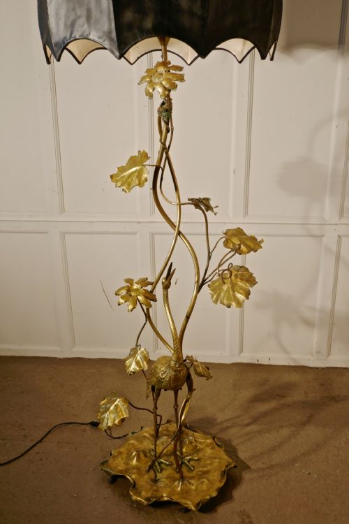 fig 3. Very Rare French Art Nouveau Brass Floor Lamp with Heron and Water Lilies
