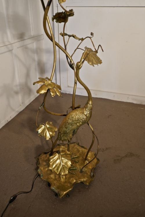 fig 4. Very Rare French Art Nouveau Brass Floor Lamp with Heron and Water Lilies