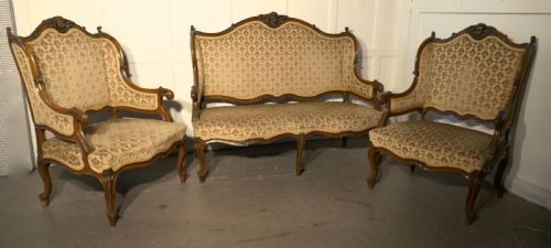 French Finest Quality 3 Piece Salon Suite, in Walnut with Velvet Upholstery