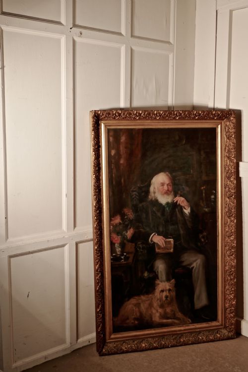 Very Large Oil Painting, Portrait of an Old Gentlman and His Dog