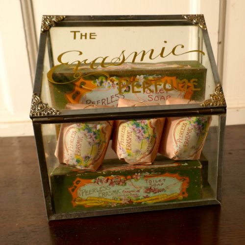 Old Perfume, Chemist Shop Display Cabinet, Erasmic Soaps and Boxes