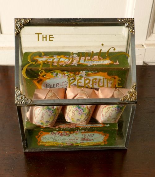 fig 1. Old Perfume, Chemist Shop Display Cabinet, Erasmic Soaps and Boxes