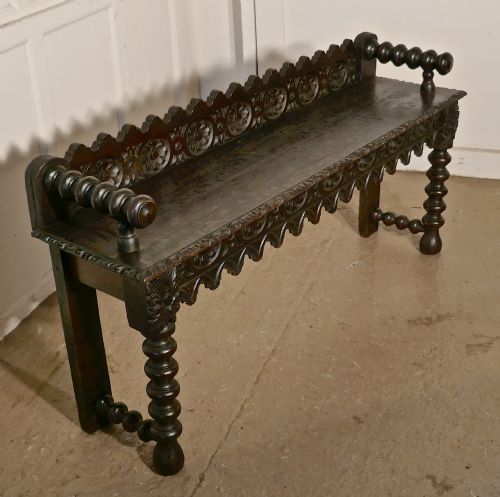 19th Century Carved Gothic Oak Window Seat or Hall Bench