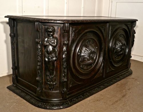 fig 1. 19th Century French One Piece Oak Desk Carved with Cherubs
