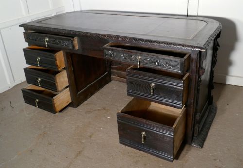 fig 3. 19th Century French One Piece Oak Desk Carved with Cherubs