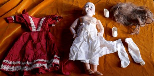 19th Century Character Doll Possibly by Kestner with Wig and Clothes