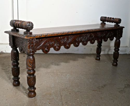 19th Century Carved Gothic Oak Window Seat or Hall Bench