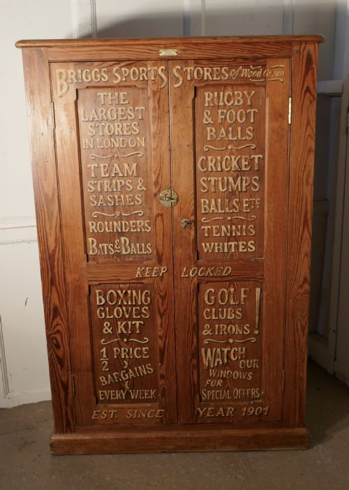 Sign Painted Pitch Pine School Cupboard, Sports Equipment Cupboard