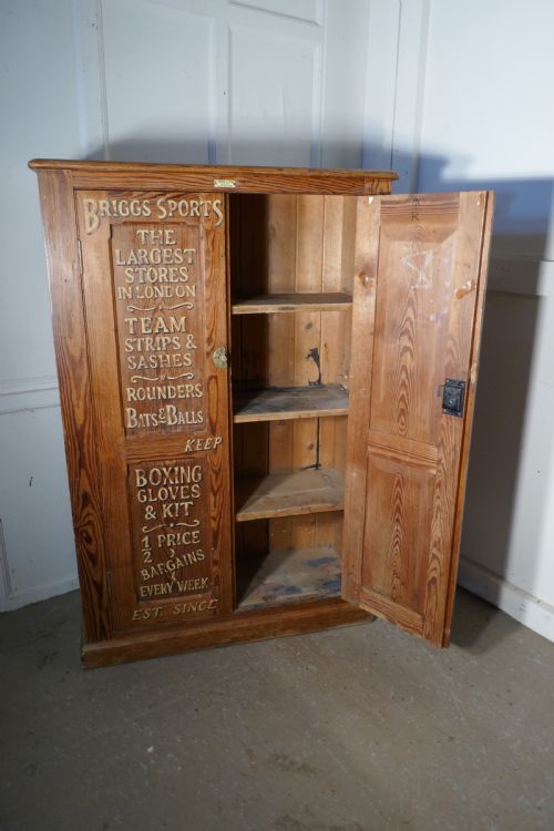 fig 1. Sign Painted Pitch Pine School Cupboard, Sports Equipment Cupboard