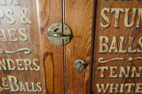 fig 3. Sign Painted Pitch Pine School Cupboard, Sports Equipment Cupboard