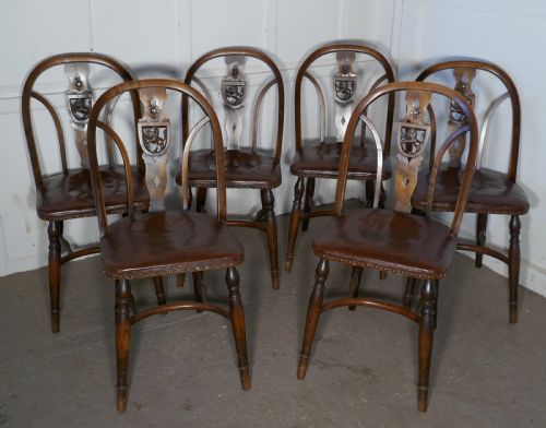 Set of 6 Arts and Crafts Gothic Heraldic Lion Back Windsor Chairs