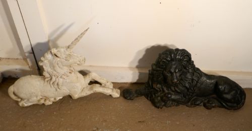 A Pair of Flat Back Cast Iron Lion and Unicorn Garden Ornament Figures