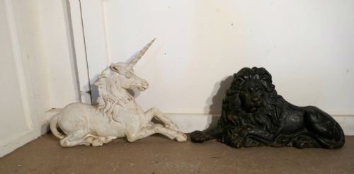 fig 1. A pair of Flat Back Cast Iron Lion and Unicorn Garden Ornament Figures