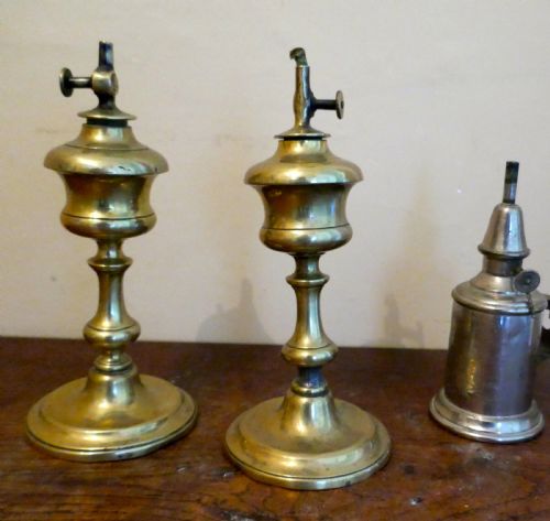 A Pair of 19th Century French Brass Pigeon Lamps, and One Other