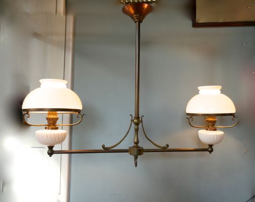 A Large French Hanging Dining Table Double Oil Lamp