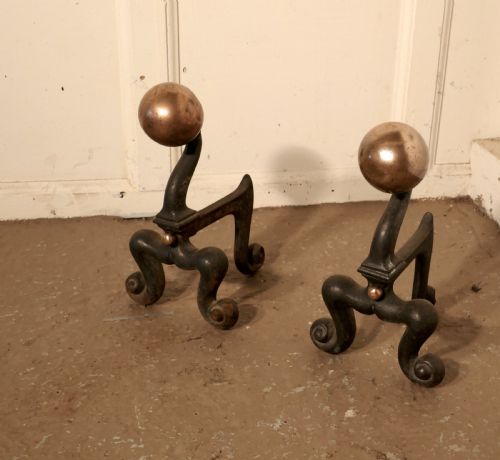 A Chunky Pair of French 19th Century Brass & Iron Andirons or Fire Dogs