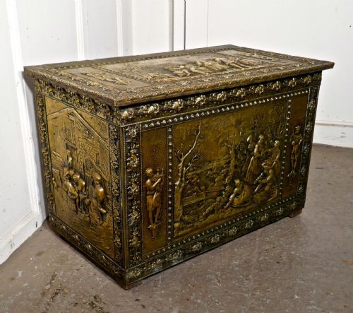 Very Large French Embossed Brass Log Box, with Country Scenes 
