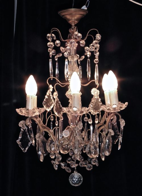 A Charming French Cut Glass 6 Branch Brass Chandelier