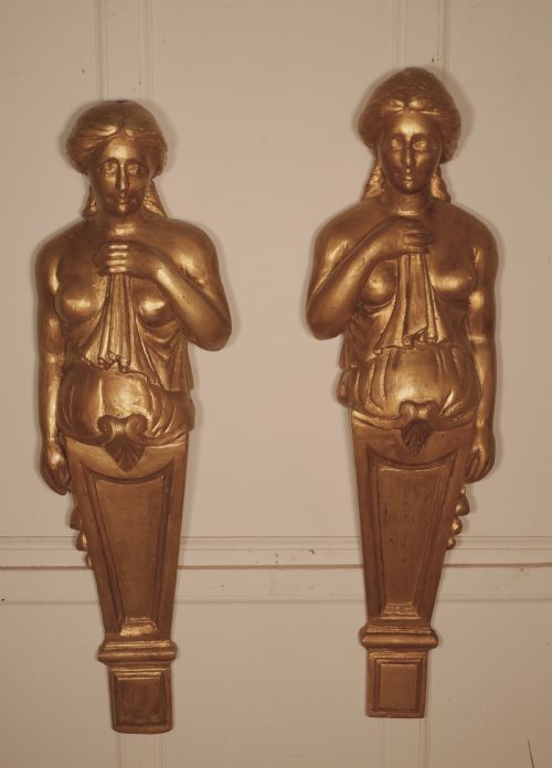 A Pair of Large 19th Century French Antique Plaster Corbel Art Nouveau Figures