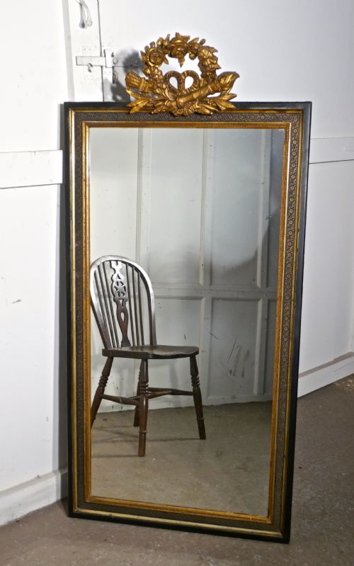 Large French Ebonised and Gilt Wall Mirror, Torch and Quiver Crest