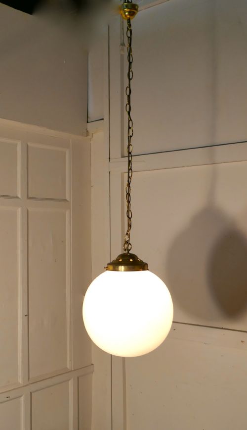 2, Very Large French Art Deco Globe Opaline Glass Hanging Pendant Lights