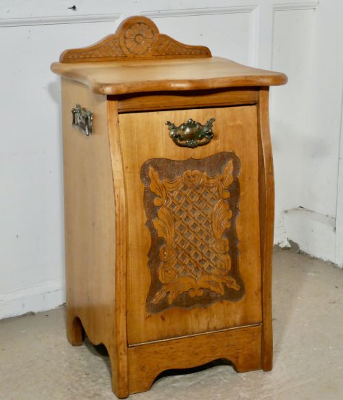 Arts and Crafts Carved Golden Walnut Purdonium, Coal Box