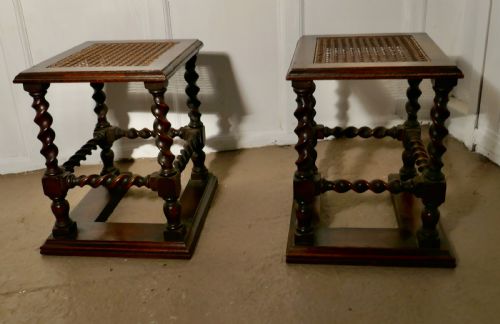 A Pair of Oak Barley-twist and Bergère Fireside Stools