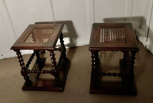 fig 1. A Pair of Oak Barley-twist and Bergère Fireside Stools