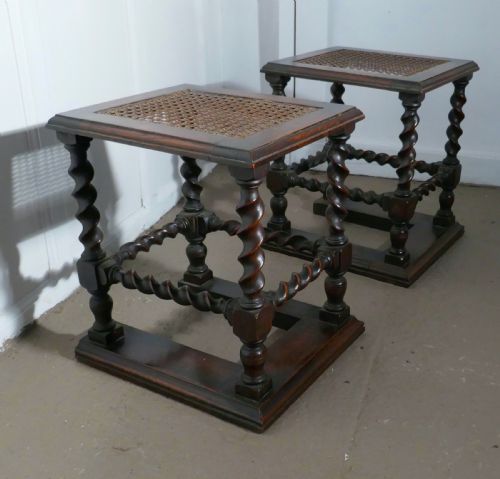 fig 3. A Pair of Oak Barley-twist and Bergère Fireside Stools