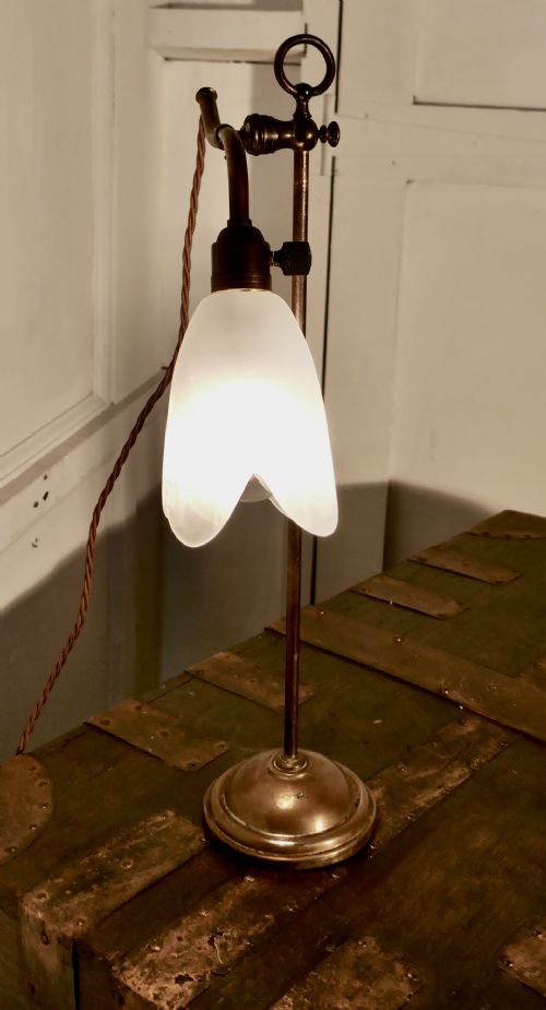 Victorian Brass Desk Lamp with Opaline Glass Shade
