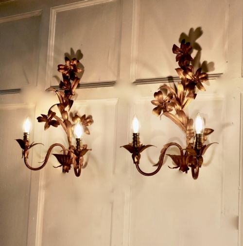 A Pair of French Two Branch Toleware Gilded Wall Lights