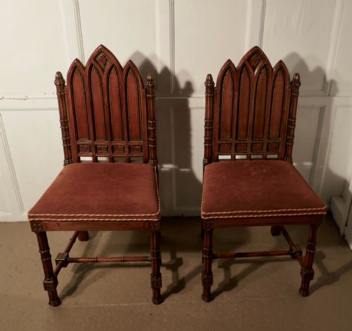 fig 1. A Pair of Pugin Style Arts and Crafts Carved Oak Hall Chairs