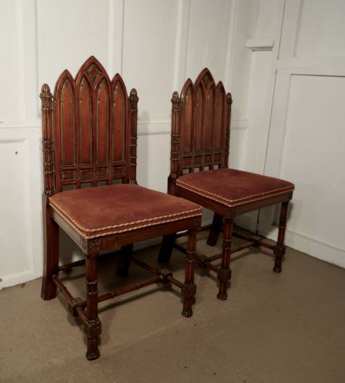 fig 2. A Pair of Pugin Style Arts and Crafts Carved Oak Hall Chairs