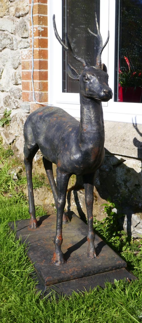A Large Weather Worn Cast Iron Statue of a Young Stag,