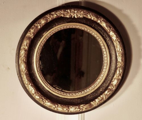 Small Deep Round Frame French Empire Gilt and Black Wall Mirror