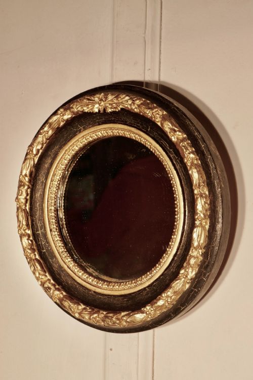 fig 1. Small Deep Round Frame French Empire Gilt and Black Wall Mirror